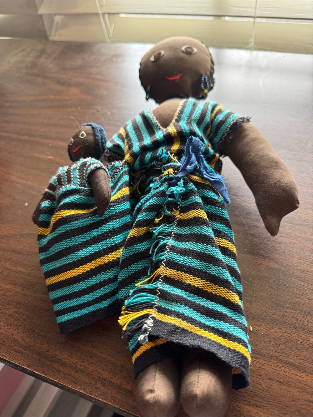 Handmade Striped Cloth Doll Set - Teal, Yellow & Black